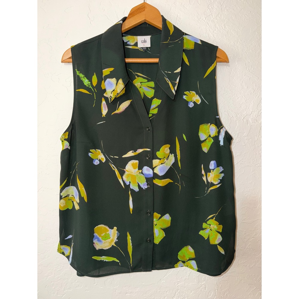 Cabi Placid Top 4740 Dark Green Chiffon Floral Sleeveless Button Up Blouse Large